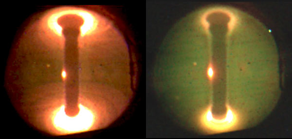 Plasma on the left without lithium and plasma on the right with lithium.